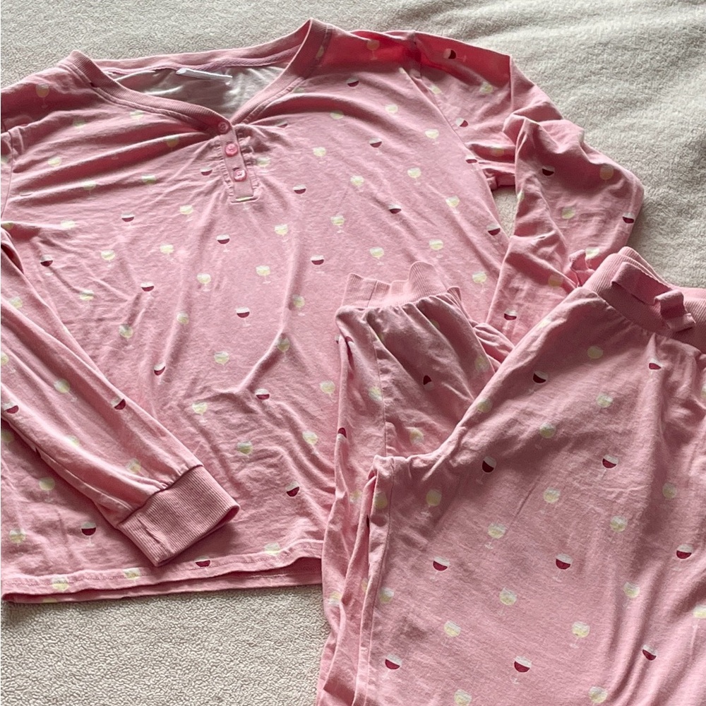 Serra Women’s Pajama Set – Pink Wine Glass Print – Sleepwear/Lounge Wear --Large